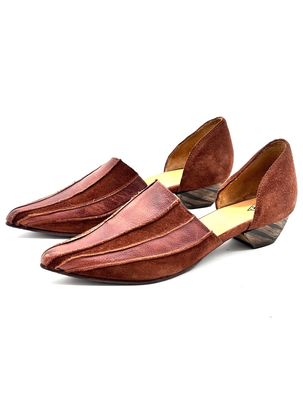 John Fluevog Jessica Brown Leather Suede Slip on Heels